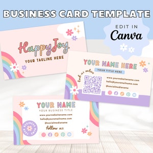 DIY arc-en-ciel rétro carte de visite modèle canva QR Code, carte de visite modifiable colorée, modèle de carte de visite imprimable, Hapjoy