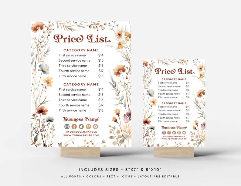 Wildflowers DIY Printable Price List Canva Template, Fall Editable