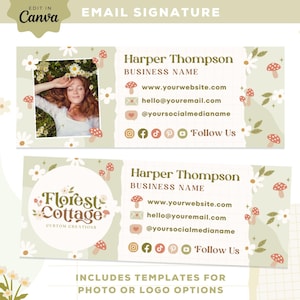 Cottagecore Email Signature Template Canva - Small Business Email Design - Mushroom Branding - Retro Flower Email Template Canva, Florest