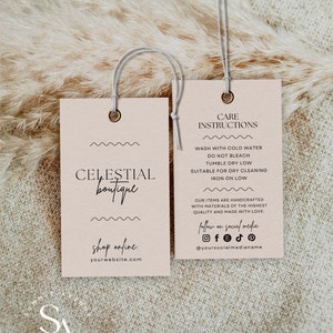 Modern Small Business Hang Tag - Care Instruction Hanging Tag - Minimalist Boutique Clothing Tag Template - Editable Retail Tags - Wave