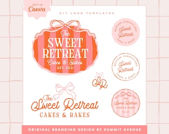 Coquette Bow Logo Design Template Canva, Trendy Bakery Editable Logo Design, Preppy Beauty Branding for Small Business, Stripe Pattern, Wren