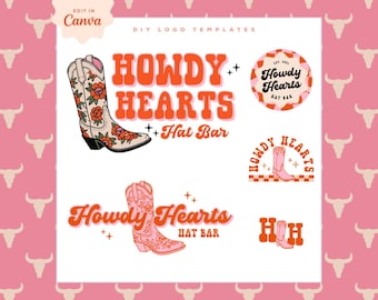 Retro Logo Design, Howdy Editable Canva Logo Template, Trendy Cowgirl Boot logo Small Business logo, Semi-Custom Hat Bar Western Branding