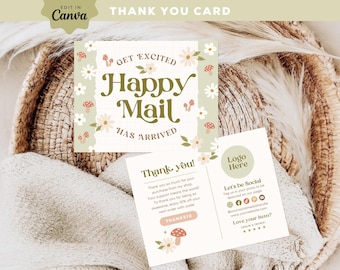 Cottagecore Business Thank You Card Template, floral mushroom Editable Thank You Card, DIY Purchase Insert Card, Canva Template, Florest