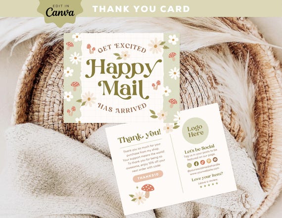 Cottagecore Business Thank You Card Template, floral mushroom Editable Thank You Card, DIY Purchase Insert Card, Canva Template, Florest