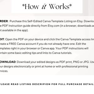 Pode incluir: Fundo branco com o texto "*How it Works*". O texto explica os passos para usar um modelo Canva autoeditado comprado na Etsy: encomendar, editar e descarregar. S&atilde;o fornecidas instru&ccedil;&otilde;es para aceder e usar o modelo.