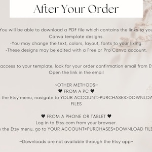 May include: A white background with the text "After Your Order" at the top. The text provides instructions on how to download a PDF file with links to Canva template designs, and how to access the template after purchase.