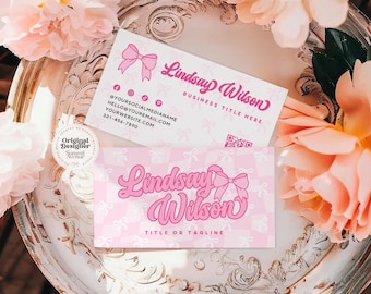 Coquette Business Card Template Canva QR Code, Trendy Checker Bow Business Branding, Whimsical Feminine Editable Business Card Template Lexi
