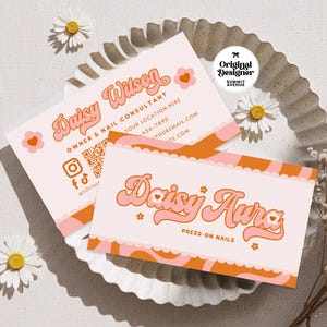 Modèle de carte de visite coeur marguerite rétro Canva, carte de visite QR tendance, carte de connexion modifiable, petite carte de visite, carte de visite DIY, Aura