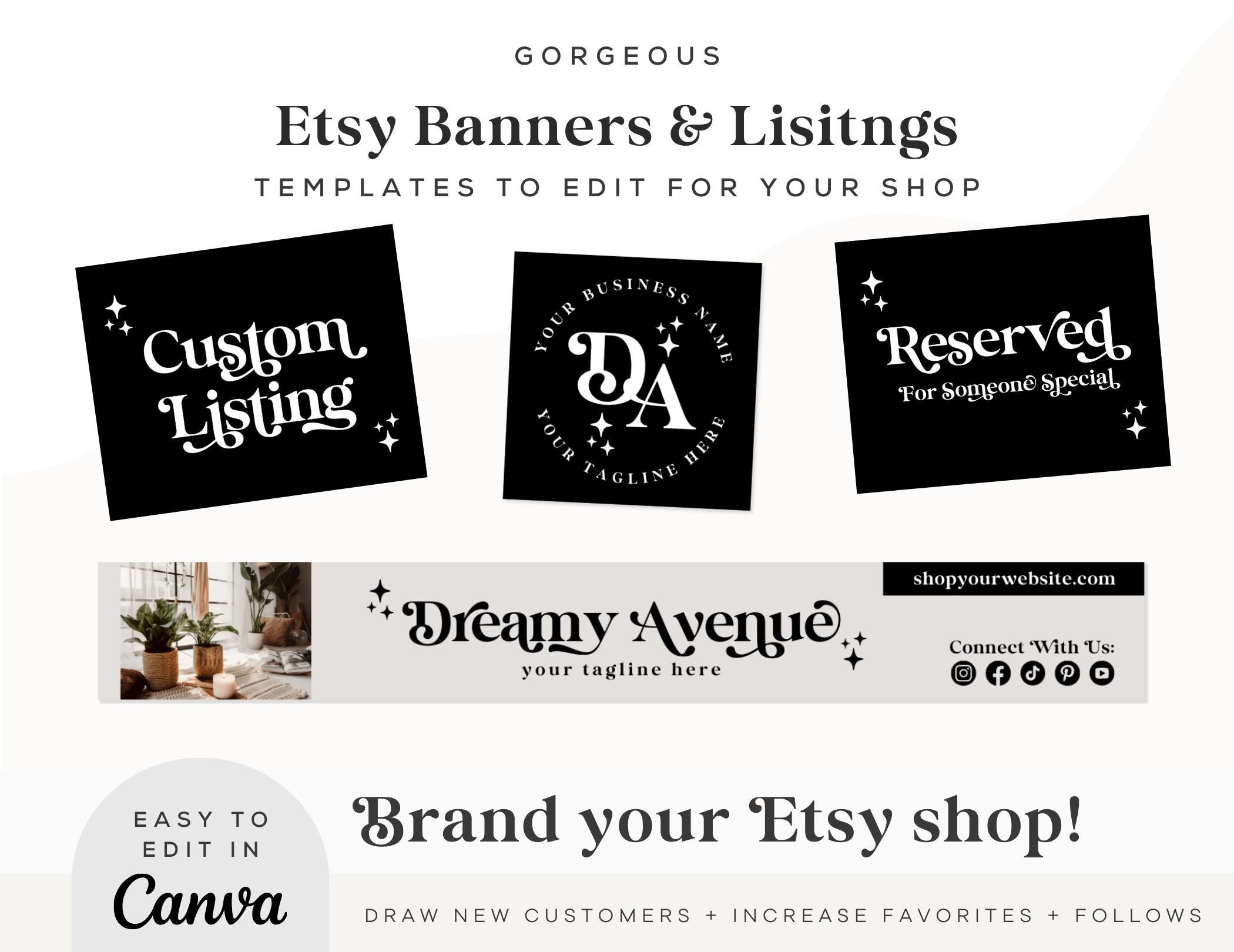 Editable Retro Etsy Shop Template Kit Canva, Modern Black and White ...
