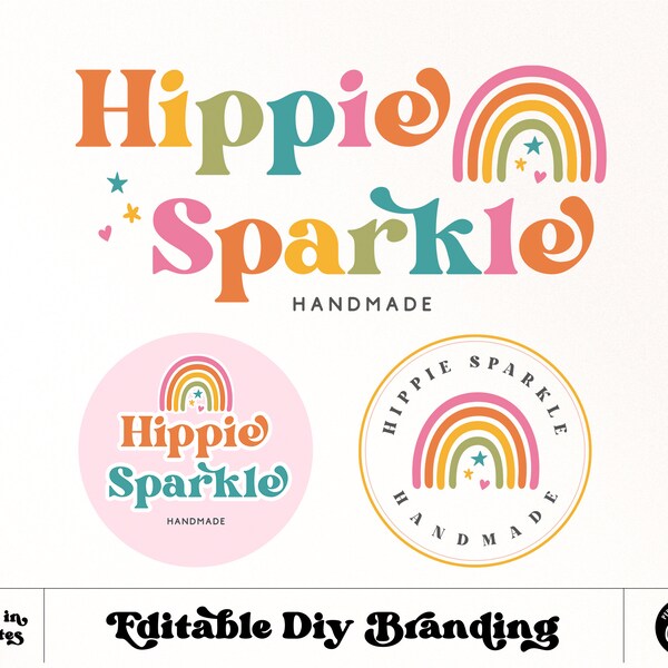 Editable Bright Retro Rainbow Logo design Instant Download, DIY Colorful 70s Boho Hippie Logo, Boutique blogger Photography Brand - Twine