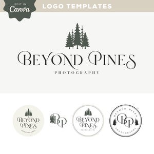 Puede incluir: Plantillas de logotipos para "Beyond Pines Photography" con un gráfico de bosque estilizado. El diseño incluye el texto "Beyond Pines Photography" en tipografía elegante, con variaciones circulares y rectangulares. El logotipo de Canva también es visible.