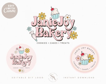 Editable Retro Flower Bakery Logo design, Instant Download Premade DIY Boho 70s Hippie Cupcake Logo, Groovy Cake Pop Logo Brand - Jacklyn