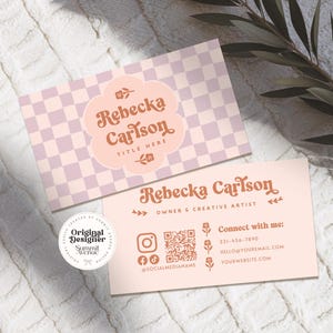 Modèle de carte de visite Cottagecore QR Code Canva, carte de visite modifiable florale tendance, modèle de carte de visite imprimable rétro amusant bricolage, Nina