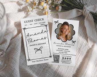 Minimalist Black & white Business Card Canva Template, Editable Vintage Guest Check Connect With Us Business Card, Girly Coquette Bow Design