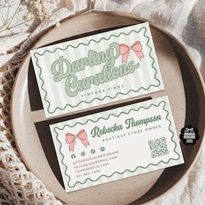 Coquette Business Card Template Canva QR Code, Trendy Green Stripe Bow Business Branding, Whimsical Editable Business Card Template Lexi