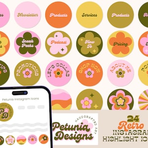 Bold Retro Instagram Highlight Covers, Editable Canva Colorful Instagram Story Icons, 70s Groovy Instagram Highlight Story Icons - Petunia
