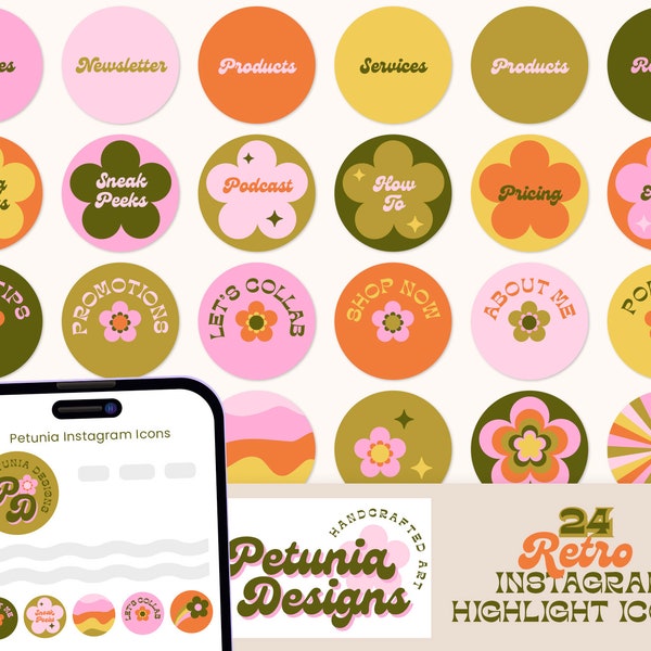 Bold Retro Instagram Highlight Covers, Editable Canva Colorful Instagram Story Icons, 70s Groovy Instagram Highlight Story Icons - Petunia