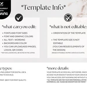 Peut inclure: Graphique blanc avec du texte noir d&eacute;taillant les &eacute;l&eacute;ments modifiables d'un mod&egrave;le Canva, y compris les polices, les couleurs et le texte. Il r&eacute;pertorie &eacute;galement les aspects non modifiables tels que l'orientation et la taille du mod&egrave;le.