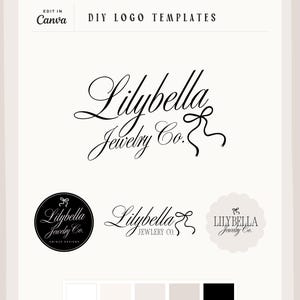 May include: A collection of Lilybella Jewelry Co. logo templates in various styles. The designs feature elegant script fonts and decorative elements, with options in black and white. The text "EDIT IN Canva" and "DIY LOGO TEMPLATES" are at the top.