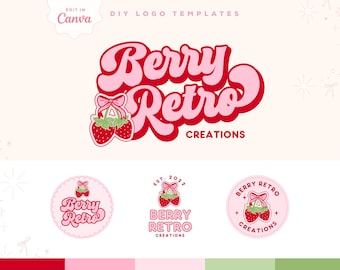 Coquette Aesthetic Logo Design Template, Strawberry Bow Retro Logo Canva Template, Trendy Strawberries Logo Branding Canva Template, Cheri