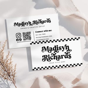 Retro Visitenkarte Vorlage Canva QR-Code, Trendy Checker Bearbeitbare Visitenkarte, DIY Spaß 70er Jahre Visitenkarte Vorlage, Nina