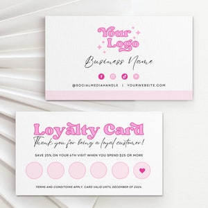 Modelo de cartão de fidelidade retrô rosa editável, cartão perfurado para clientes, design de cartão de recompensas comerciais, cartão de desconto para impressão faça você mesmo para salão de beleza - Ashlyn