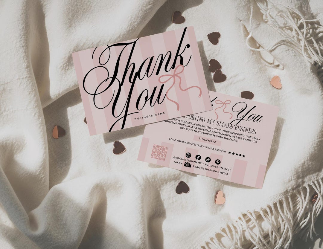 Luxury Thank You Card, Editable Pink Stripe Customer Thank You Business ...