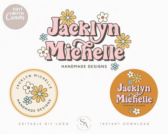 DIY Retro Groovy Flower Logo design Instant Download, Premade Modern Boho 70s Hippie Logo, Boutique blogger Photography Logo Brand - Jacklyn