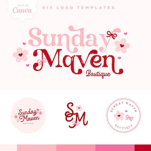 Coquette Aesthetic Logo Design Template, Pink Bow and Hearts Retro Logo Canva Template, Trendy whimsical Logo Branding Canva Template, Maven