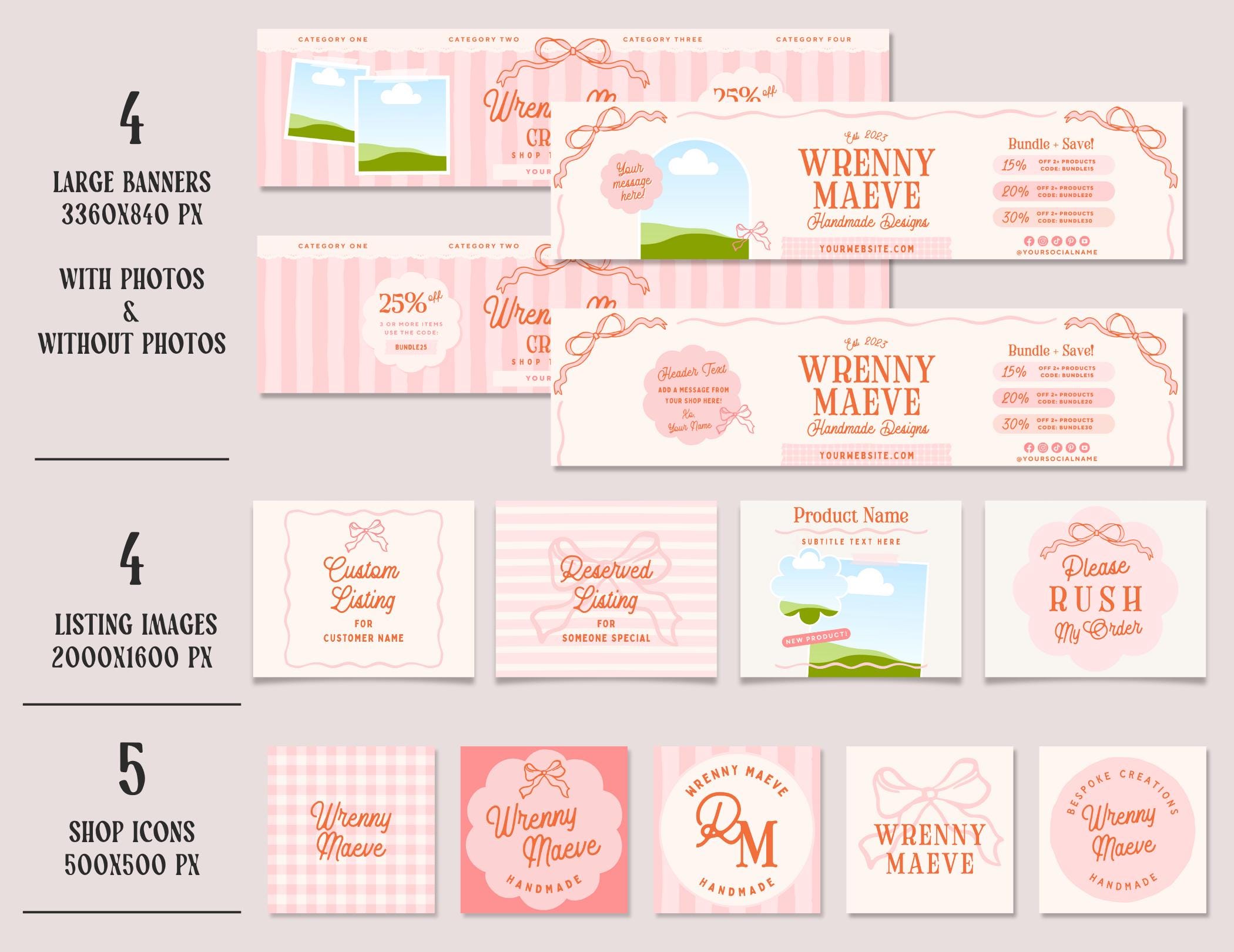 Pink Cottagecore Etsy Shop Branding Kit, Coquette Bow Canva Templates ...