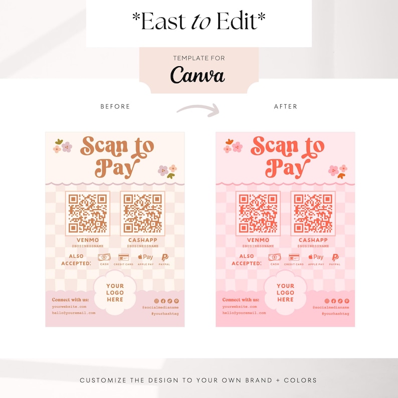 Pay Code Design Printable Payment Sign QR Code Canva Template, Cottagecore Scan to Pay ...