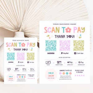 Bearbeitbare Retro Blume Buntes Scan-to-Pay-QR-Zeichen, DIY-Regenbogendruckbares Zeichen für Akzeptierte Zahlungen, Geschäft-QR-Zeichen Canva-Vorlage, josie