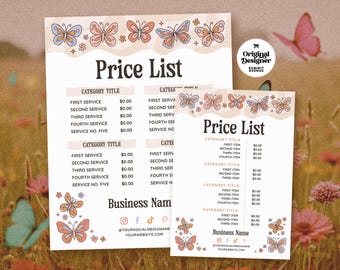 Retro Butterfly DIY Printable Price List Canva Template, Cottagecore Editable Pricing Sheet, Salon Price List, Market Pricing Guide Sign Lyn