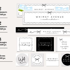 Pode incluir: Um conjunto de elementos de branding para lojas Etsy, incluindo banners, imagens de produtos e &iacute;cones de loja. Os designs apresentam o texto "WHIMSY AVENUE" em uma fonte de script delicada, com um gr&aacute;fico de la&ccedil;o. O esquema de cores &eacute; principalmente preto e branco.