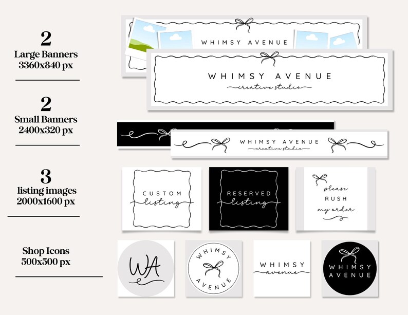 Pode incluir: Um conjunto de elementos de branding para lojas Etsy, incluindo banners, imagens de produtos e &iacute;cones de loja. Os designs apresentam o texto "WHIMSY AVENUE" em uma fonte de script delicada, com um gr&aacute;fico de la&ccedil;o. O esquema de cores &eacute; principalmente preto e branco.
