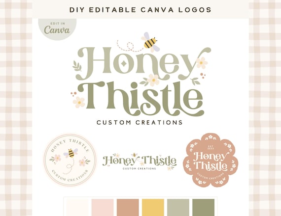 Cottagecore Logo Design, Editable Canva Logo Template, Boho Bee Logo for Small Business, DIY Whimsical floral Logo Branding design, Florest