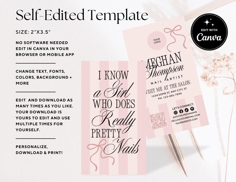 Peut inclure: Deux cartes de visite roses avec du texte. L'une dit "I know a girl who does really pretty nails." L'autre dit "Meghan Thompson, Nail Artist." Les cartes mesurent 5,08 cm x 8,89 cm et peuvent &ecirc;tre modifi&eacute;es dans Canva.