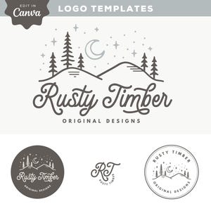 Design del logo retrò Mountain Moon Tree Download immediato, modello di logo Canva con script predefinito fai da te, marchio aziendale in stile distintivo vintage, arrugginito