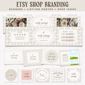 Pode incluir: Kit de branding para lojas Etsy com banners, fotos de produtos e ícones de loja. O design apresenta uma paleta de cores neutras com detalhes florais e o texto "truly cottage". Inclui opções para listagens personalizadas e reservadas.
