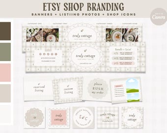 Puede incluir: Kit de branding para tiendas Etsy con banners, fotos de productos e iconos de tienda. El diseño presenta una paleta de colores neutros con acentos florales y el texto "truly cottage". Incluye opciones para listados personalizados y reservados.