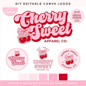 May include: A pink and red logo design for a company called "Cherry Sweet Apparel Co.". The logo features a stylized font with the words "Cherry Sweet" and a graphic of two cherries with a bow. The logo also includes the text "Est. 2022" and "Original Designer Summit Avenue".