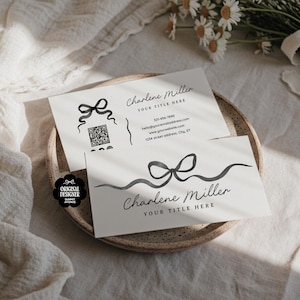 Watercolor Bow Business Card Template Canva QR Code, Coquette Aesthetic Business Card, Elegant black & white Editable Calling Card, WB22