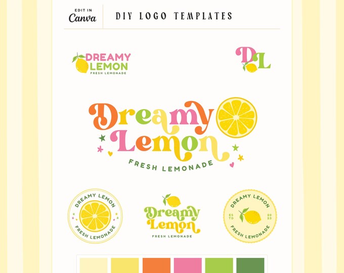 Canva Pink Yellow Lemon Logo DIY Template | Editable Fun Retro Logo ...