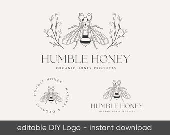 Editable Modern Bee Logo design Instant Download, Premade Honey Bee Logo, Honey logo, Boutique Logo, Organic Honey Brand Minimalist Bee logo