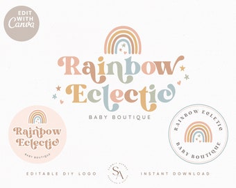 Editable Colorful Rainbow Logo design Instant Download, Premade DIY Boho 70s Rainbow Logo Kit, Groovy Etsy Shop Boutique Logo Brand - Twine