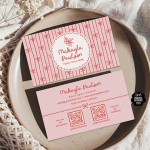 Vintage Coquette Business Card Template Canva, Floral Bow Instant Download QR business card, Editable Business Card, DIY Calling Card, Kimi