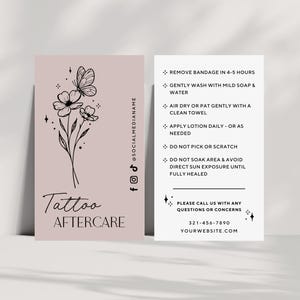 Modèle de carte de soins post-traitement pour tatouages modernes de fleurs sauvages - Carte de soins de microblading cosmétique modifiable PMU pour sourcils, modèle Canva 3,5 x 2