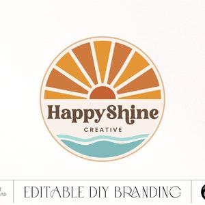 Retro 70er Sun Logo Design Sofort Download, Boho Sunshine Logo DIY Vorgefertigtes Logo, Vorgefertigtes Logo, Bearbeitbares Sunset Logo, Small Business Logo Bild 1