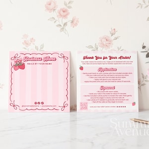 May include: Two pink cards with text and strawberry illustrations. One card reads "Business Name NAILS BY YOUR NAME" and includes social media handles. The other card says "Thank You for Your Order!" with application and removal instructions.