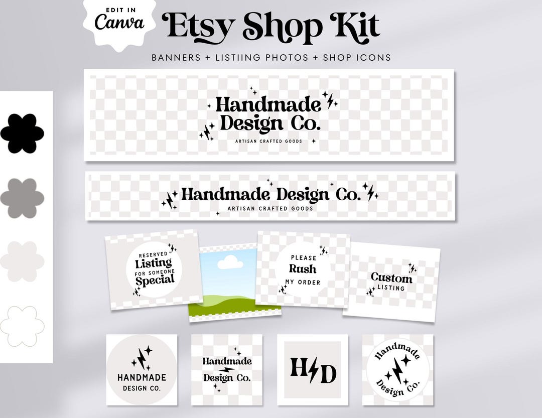 Editable Modern Retro Etsy Shop Template Kit Canva, Black and White ...